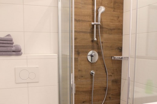 Dusche mit Holzoptik im Appartement E